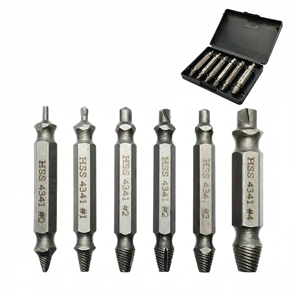 Six-piece screw puller and extractor kit for removing fractured bolts, damaged screws, and nuts, including drill bits and extraction tools.