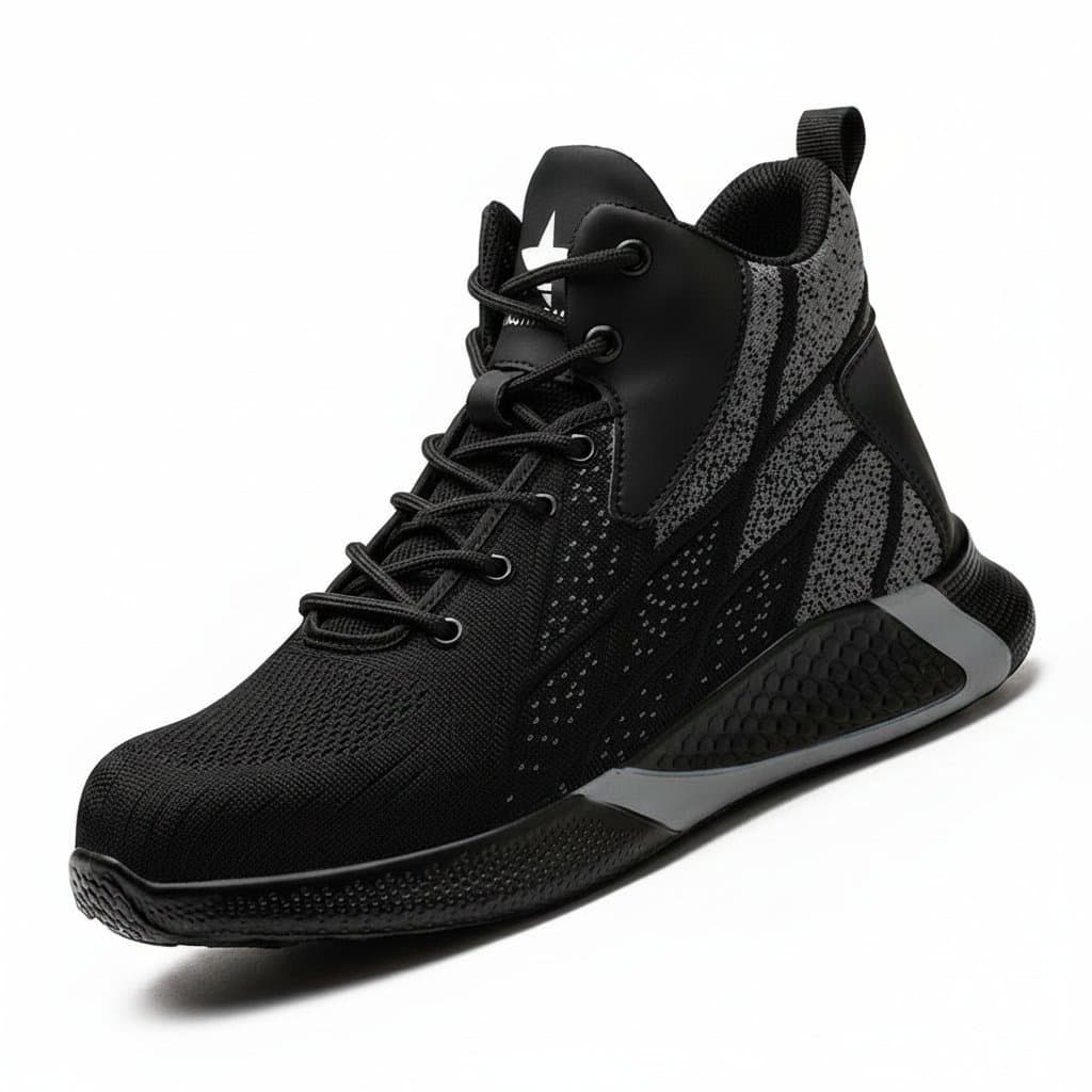 Fashionable high-top security protective shoes for men with anti-smashing and anti-puncture features for work safety.