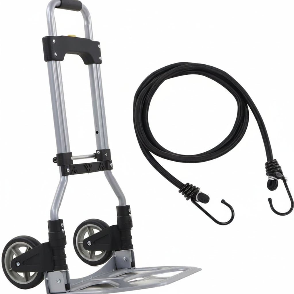 Folding Sack Truck Wheels with a bungee cord, on a white background.