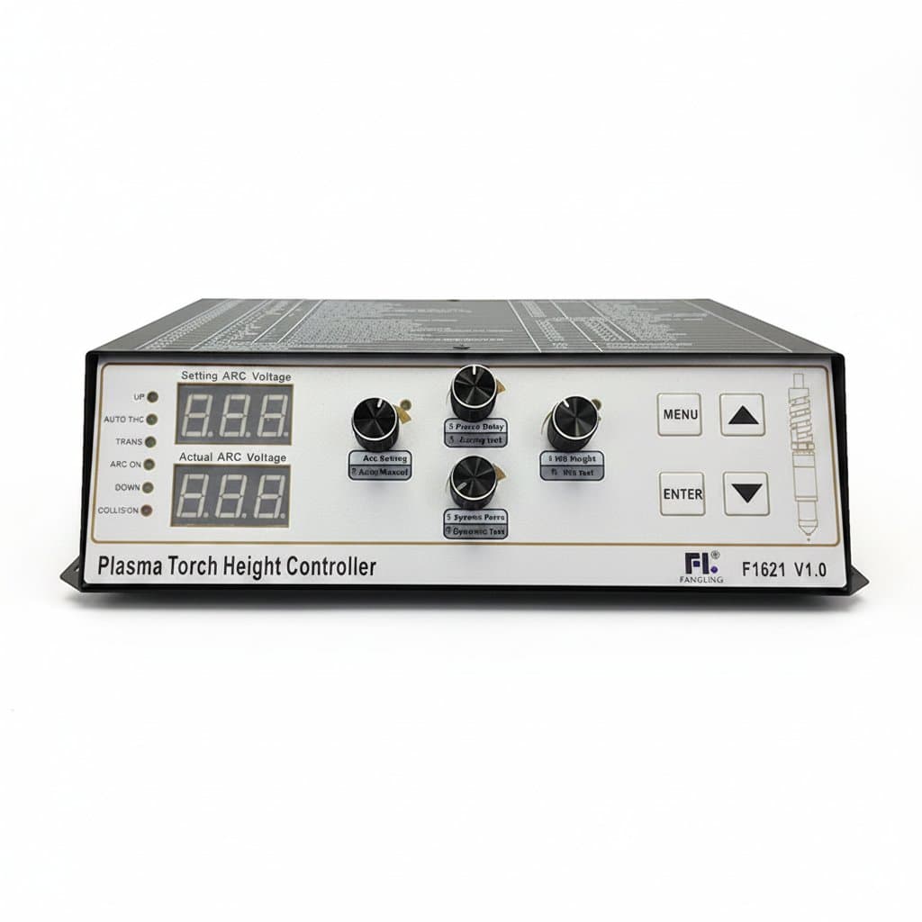 CNC plasma cutting machine digital arc voltage height controller with LED status display and DC24V motor interface for precision torch control.