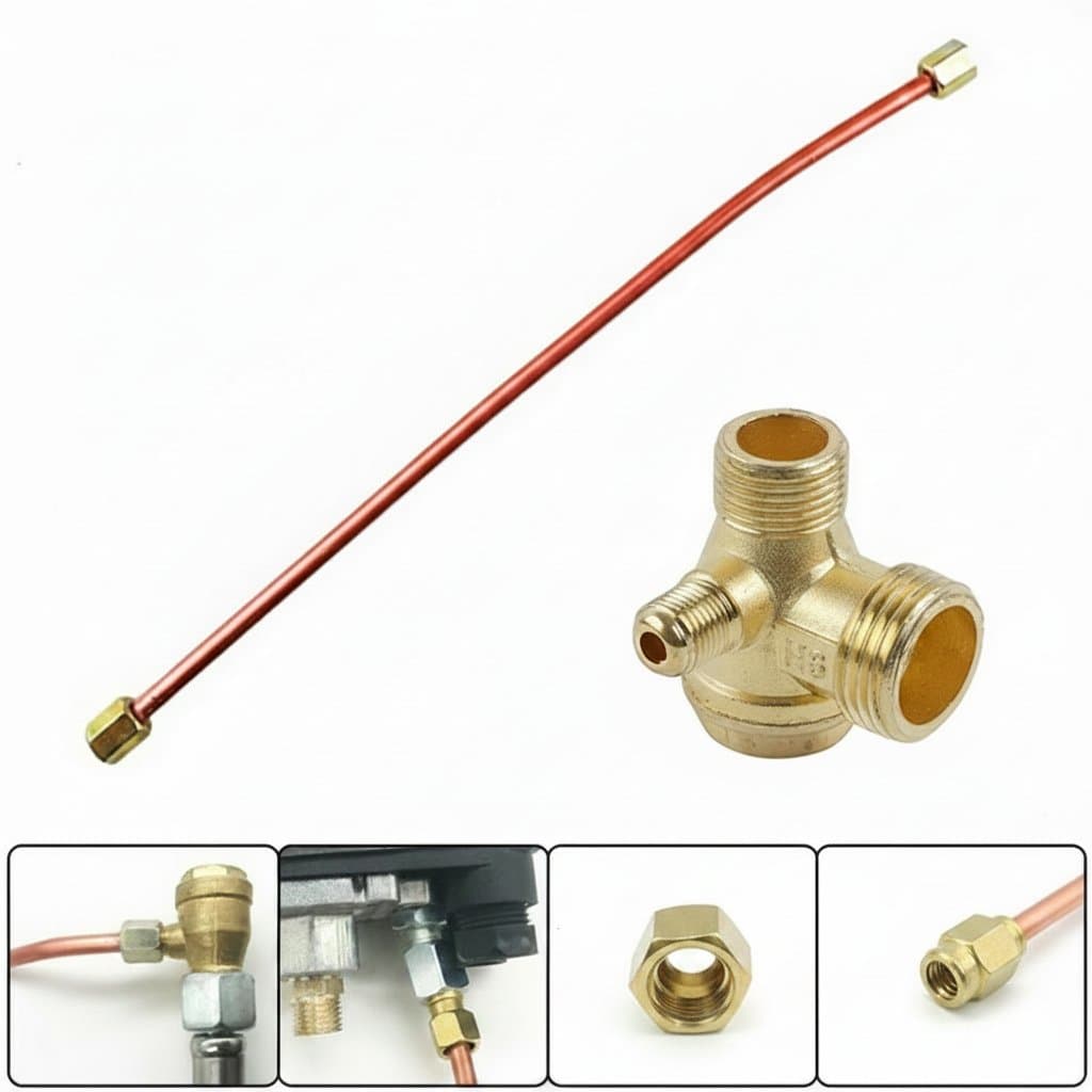 3-Port Air Compressor Check Valve with 400mm Exhaust Tube, featuring 20mm, 16mm, and 10mm threaded ports for pneumatic system control.