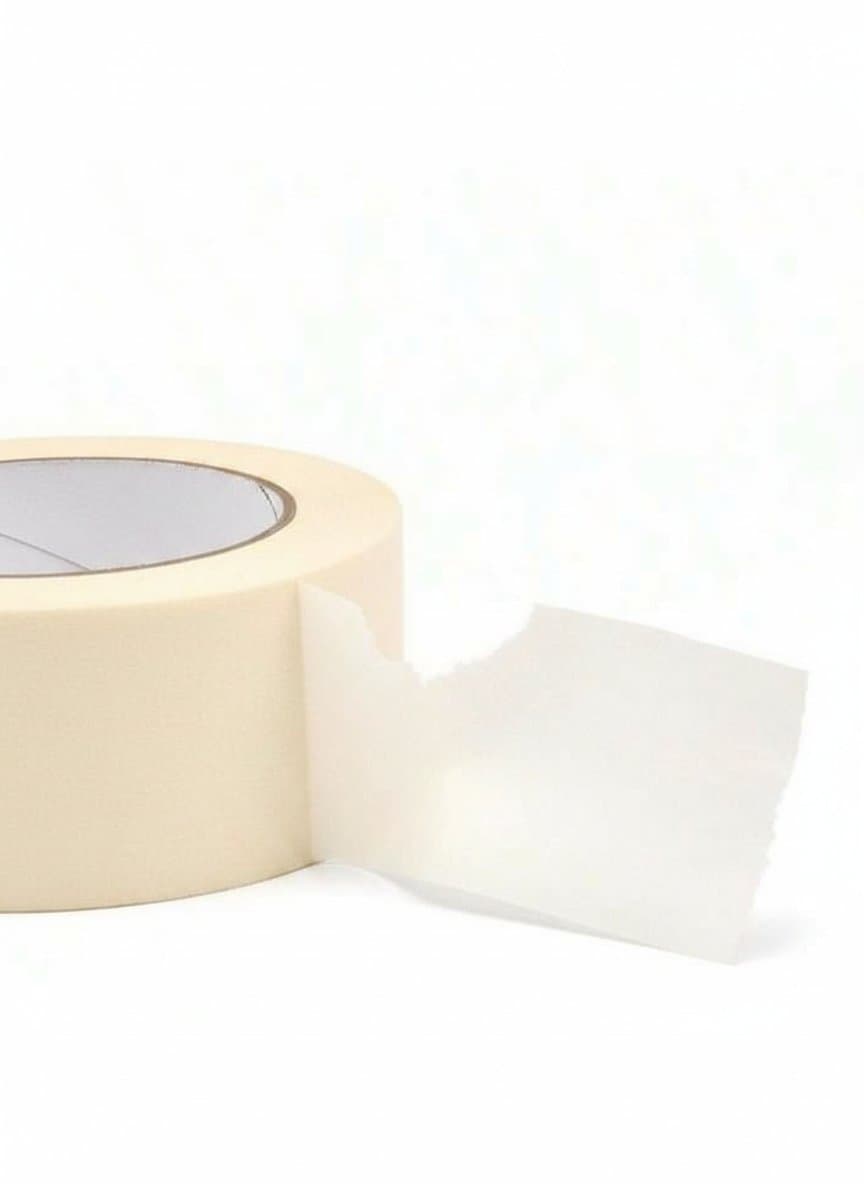 Masking tape roll with a hand pulling a piece off, white background.