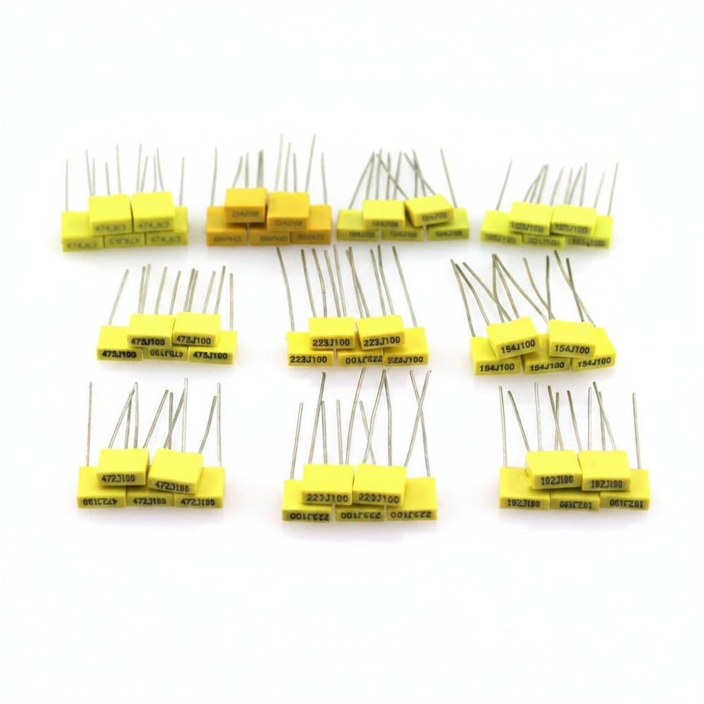 50-piece assorted kit of polypropylene film capacitors with 10 values from 1nF to 470nF for circuit correction and projects