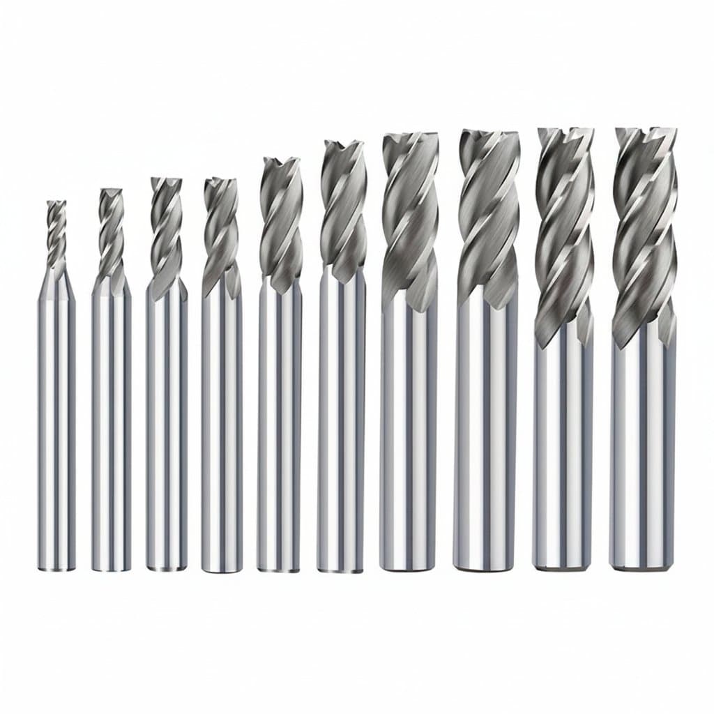 10-piece HSS end mill set with 4 flutes, 2-12mm diameter range for CNC machine milling of aluminum, metal, and other materials.