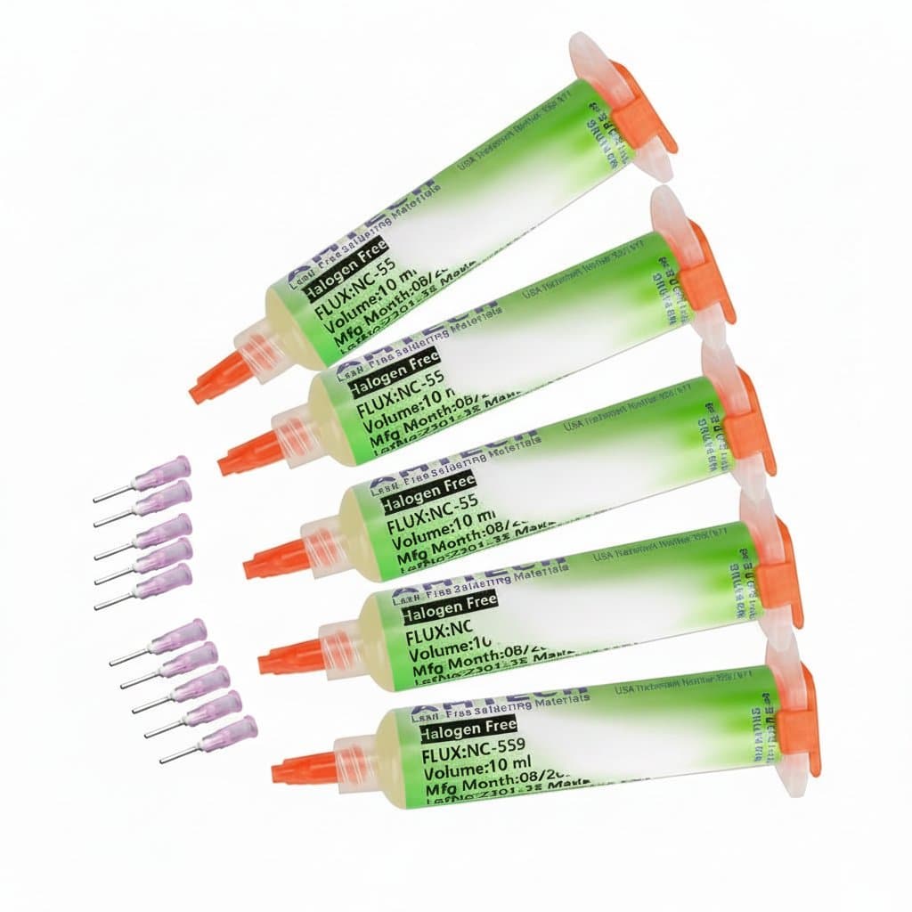 NC-559-ASM BGA solder paste in a 10cc syringe, a no-clean flux grease for advanced PCB repair and rework soldering.