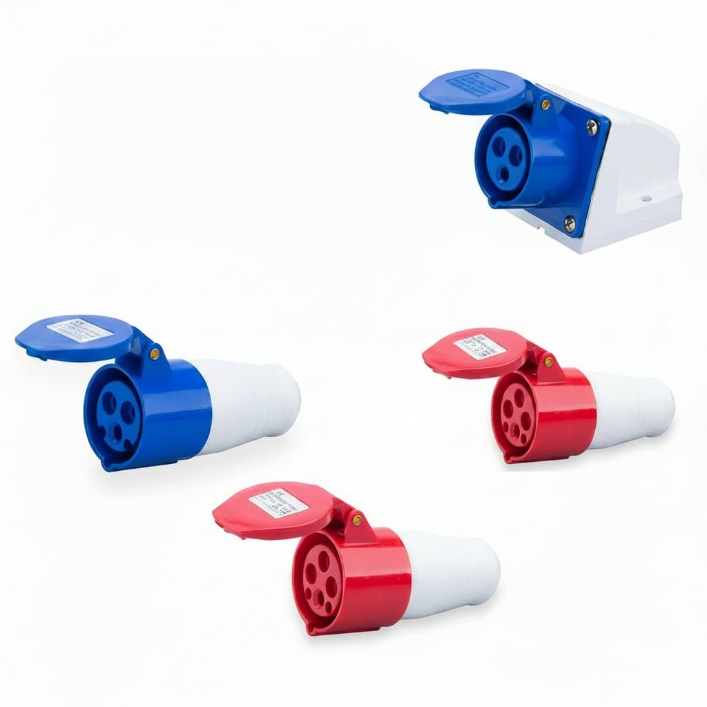 IP44 rated industrial waterproof plug and socket connector with 3, 4, and 5 pin options for 16A or 32A electrical connections.