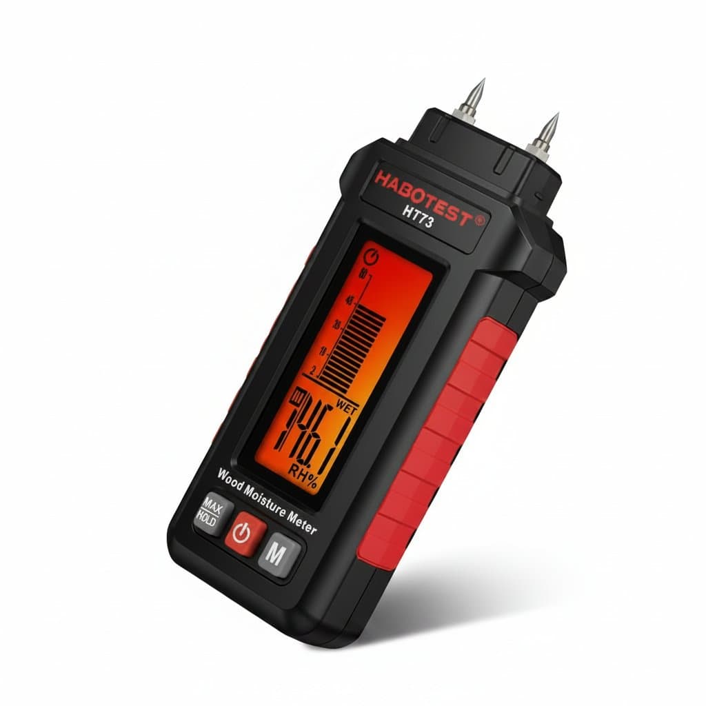 FNIRSI WMT-10 inductive wood moisture meter for non-contact testing of timber, walls, and building materials with 17mm depth.