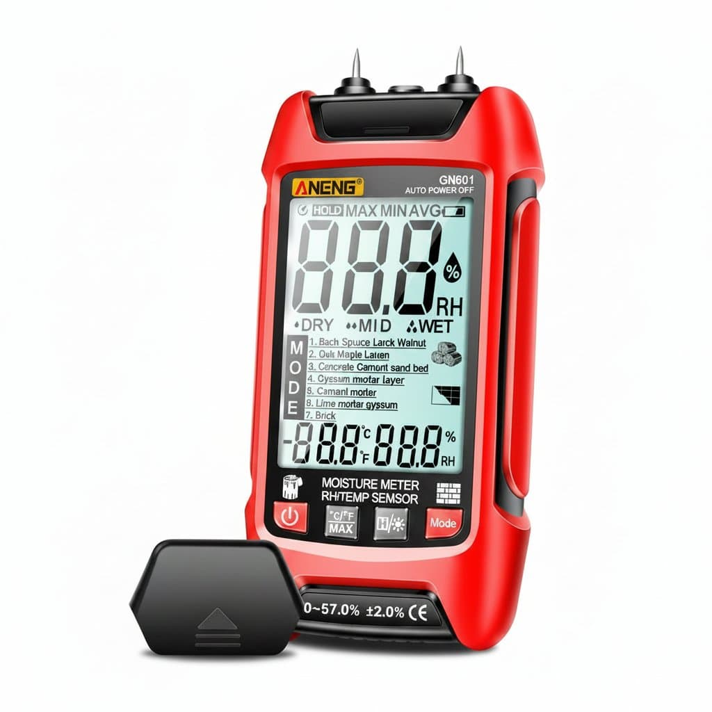 GN601 timber hygrometer with 0-99.9% range, displaying 20.5% RH. Wood moisture meter measures temperature and humidity with probe for multiscene testing.