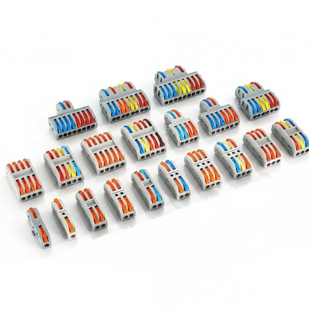 Universal push-in electrical wire connector terminal block for fast, tool-free wiring of multiple cables in electrical projects.