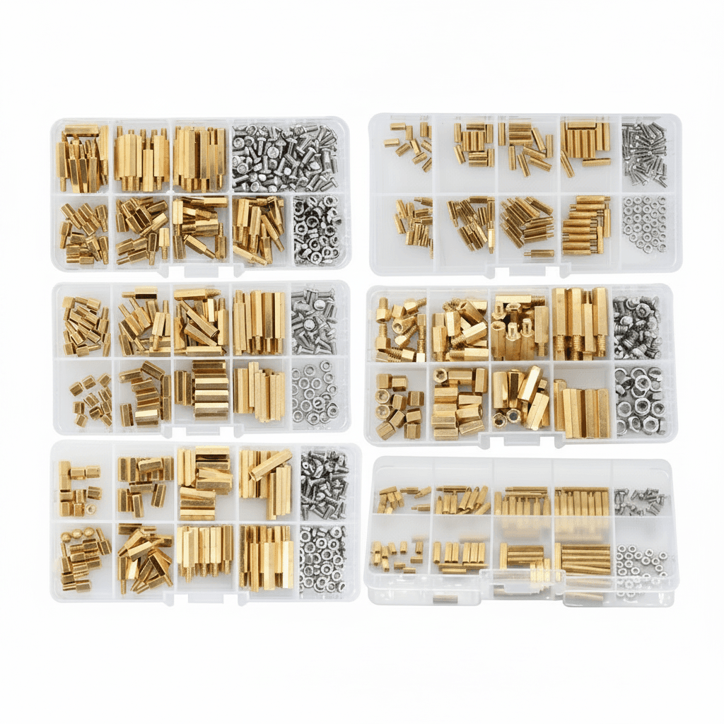 Set of brass motherboard standoffs in sizes M2 to M4, featuring a hexagon single head design for spacing and mounting PCBs.