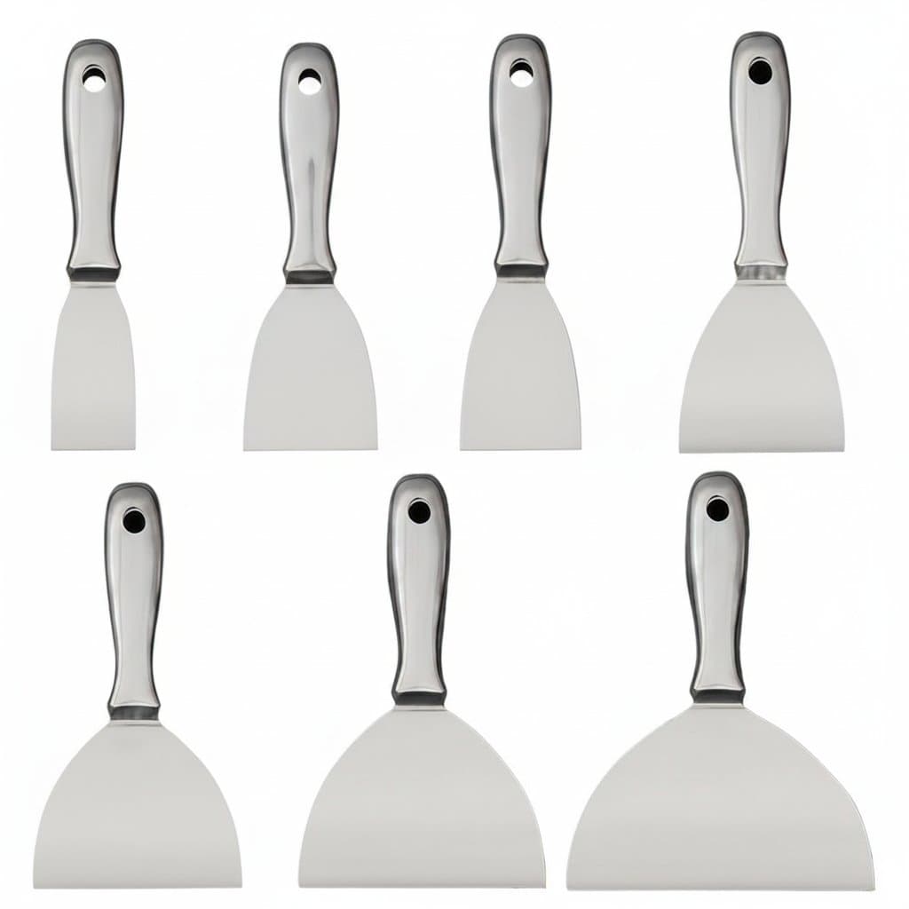 One-piece stainless steel putty knife and paint scraper tool with ergonomic handle for grout, tile, and wall surfaces.