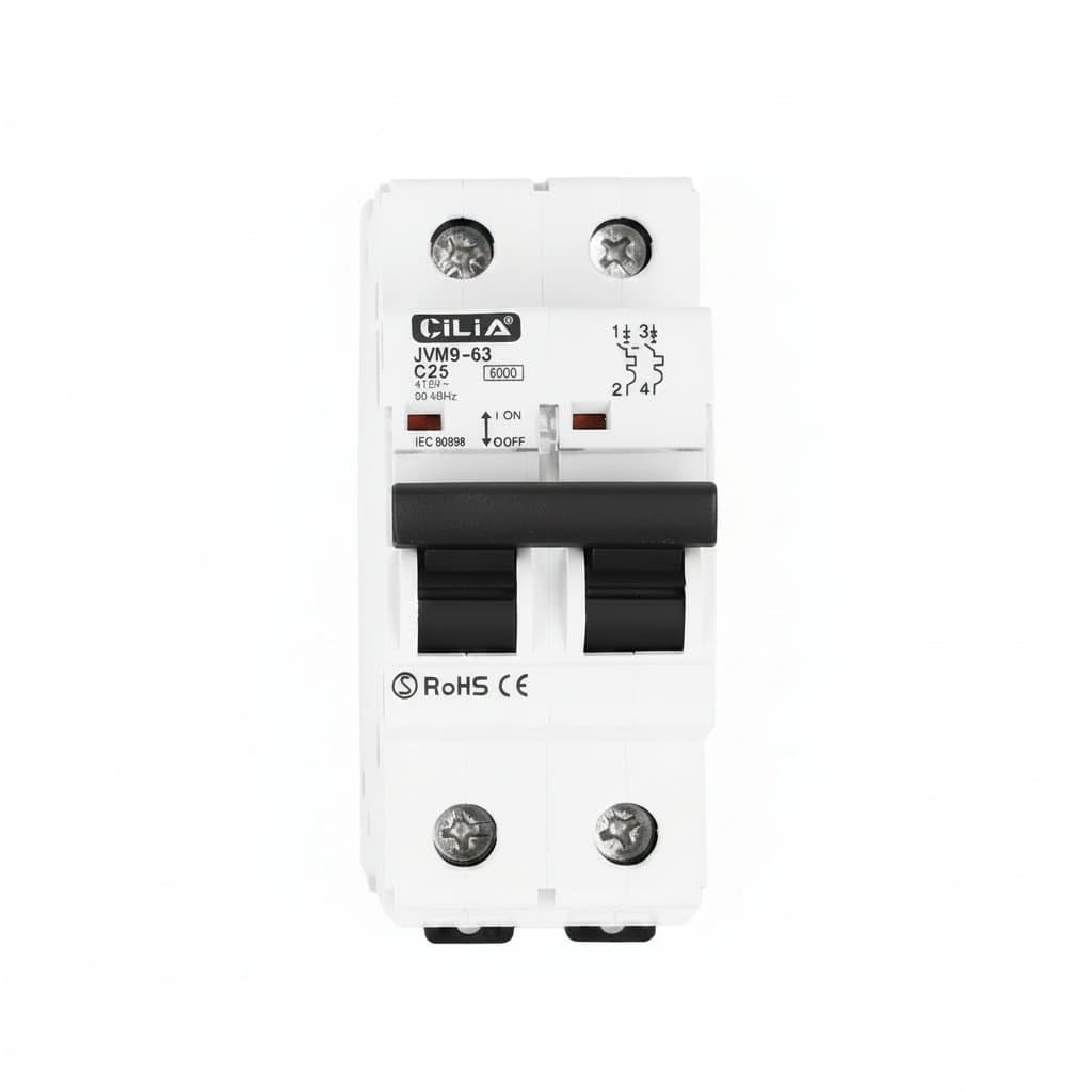 CILIA miniature circuit breaker MCB for DIN rail mounting, showing 1P+N and 2P models with amperage ratings from 10A to 32A.