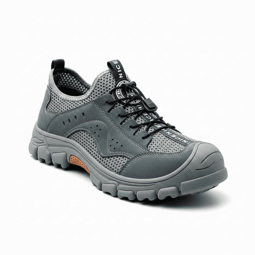 Men Steel Toe Shoes, a pair of black and grey work boots.