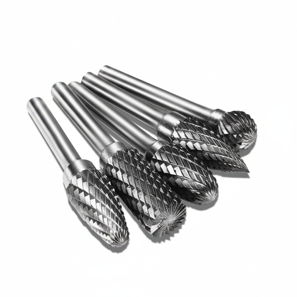 Set of 5 double groove rotary files with 6mm shank, tungsten carbide burrs for grinding, milling and finishing metal molds.