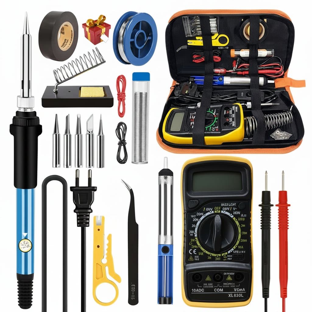 20-in-1 Soldering Iron Kit with LCD digital multimeter, 60W adjustable iron, stand, and multiple tips laid out on a workbench.