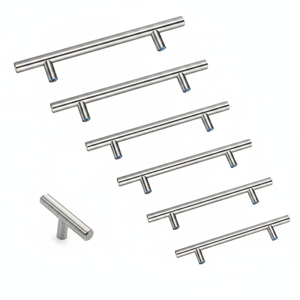 Stainless steel kitchen door cabinet T-bar handle pull knob, available in lengths from 50mm to 500mm, for cupboards and drawers.