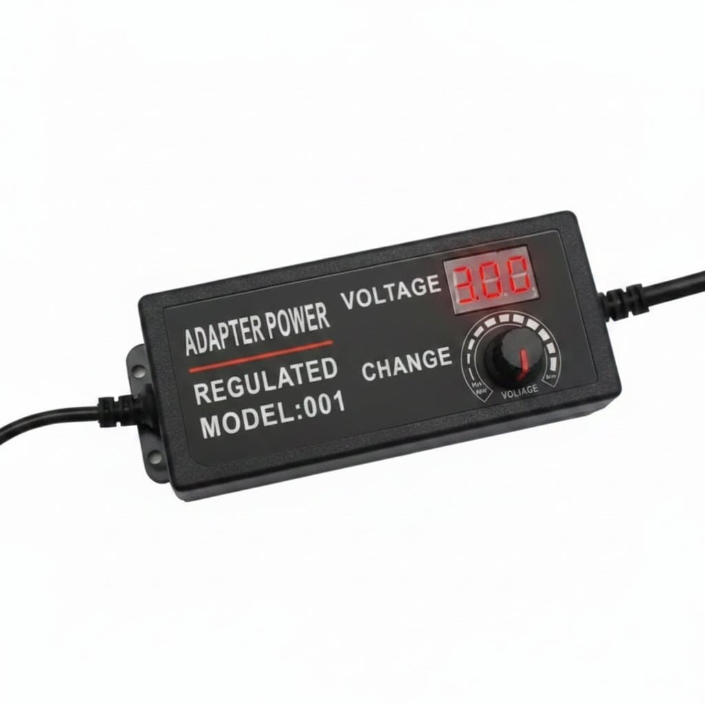Adjustable Power Supply with variable voltage output from 3V to 36V for LED strips and electronics, featuring a digital display and sturdy casing.
