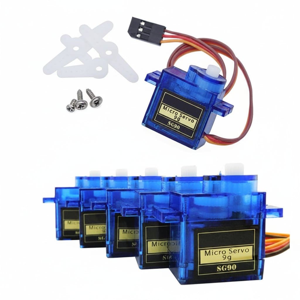 Arduino analog micro servo motors SG90 9G for RC vehicles and aircraft models. Available in sets of 3, 5, 10, or 20 pieces with 180° or 360° rotation.