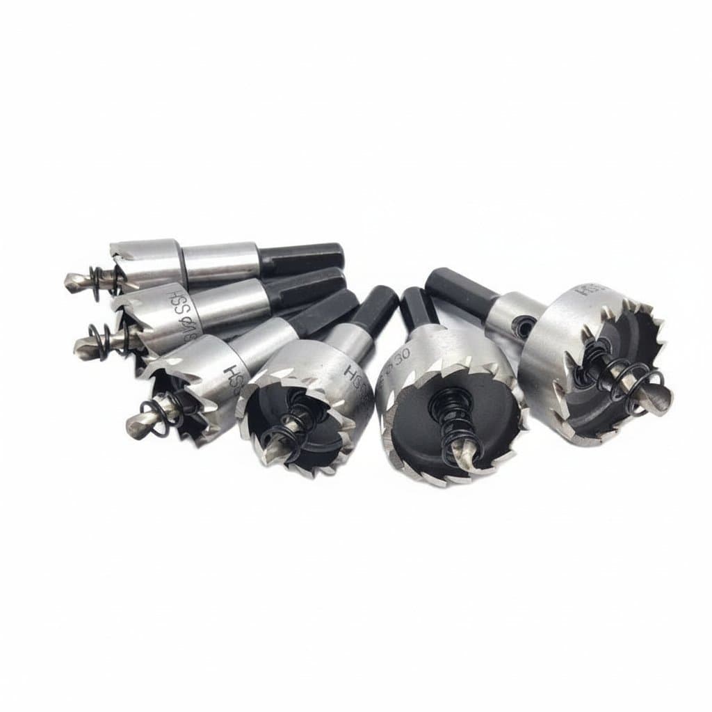 HSS drill bit hole saw cutter set with 7 sizes from 12mm to 35mm for cutting stainless steel and metal, displayed in a durable plastic case.