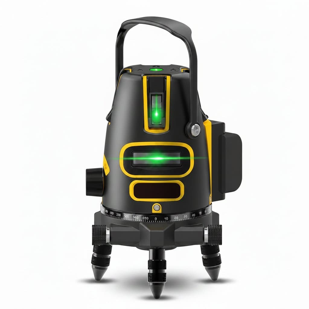 Deli green laser level with 2/3/5 cross lines, featuring self-leveling, 360-degree rotation, and alternating horizontal/vertical projection for indoor and outdoor use.