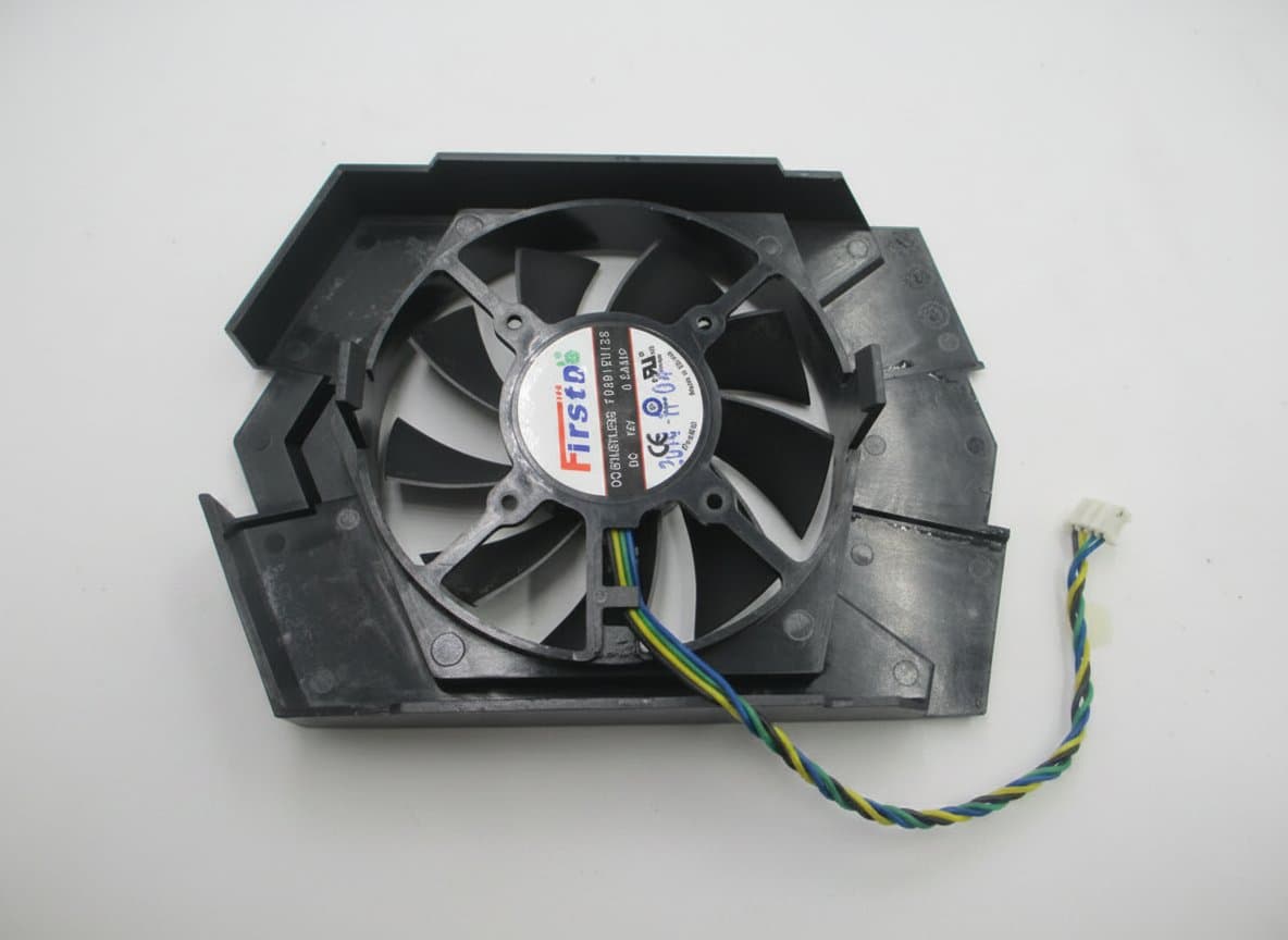 FD8015U12S GPU cooling fan replacement for ASUS GTX 750 Ti graphics card, 12V 0.5A ball bearing cooler with black frame and connector.