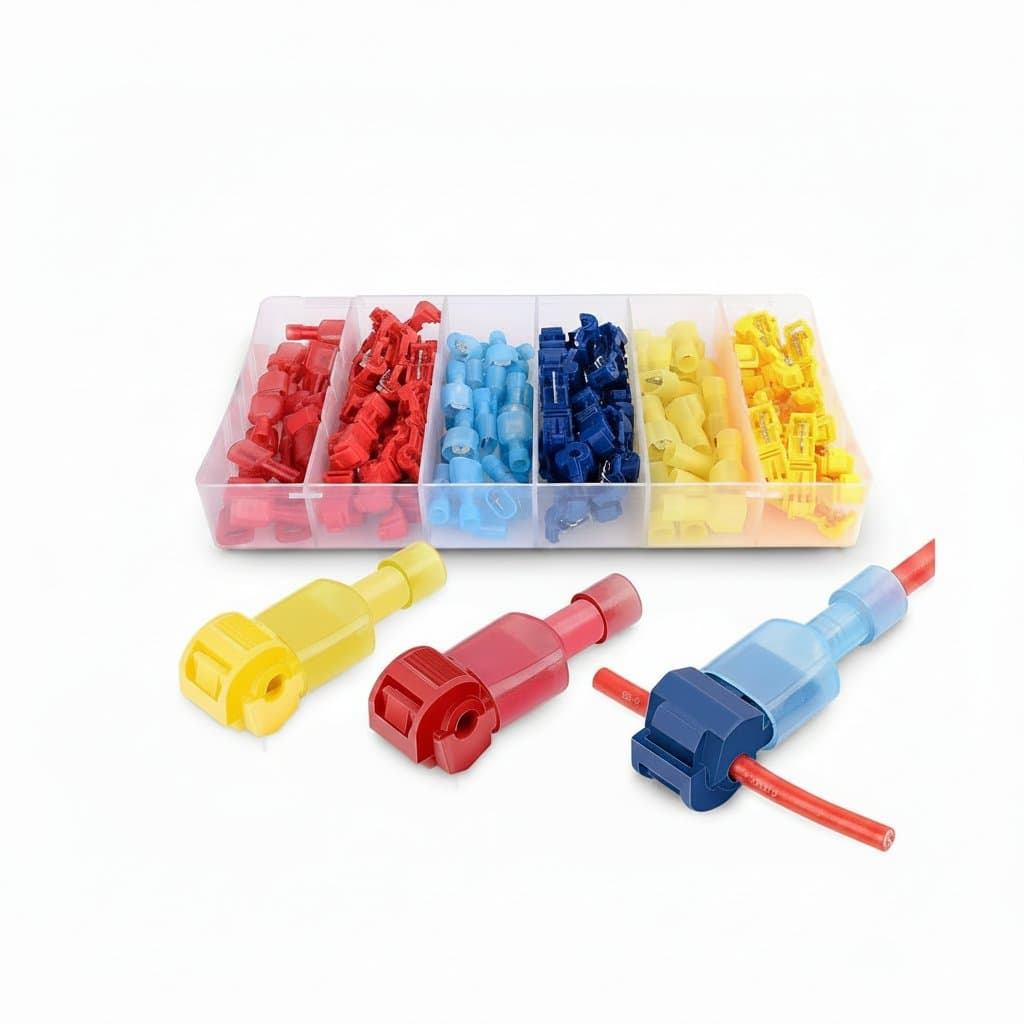 120-piece T-Tap wire connector kit with self-stripping terminals and nylon-insulated male quick disconnects for automotive or electrical projects.
