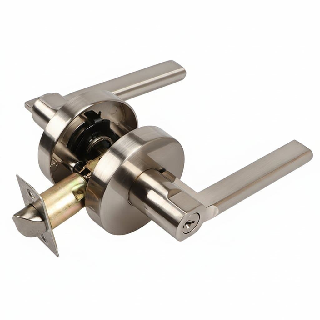A universal silent toilet or indoor bedroom lock with a three-bar handle and old-fashioned spherical round design for traditional doors.