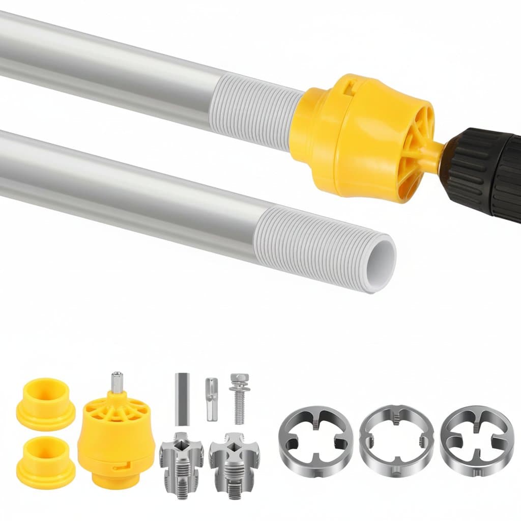 8PCS PVC Thread Maker Tool Set for electric drills, creating 1/2-inch, 3/4-inch, and 1-inch plastic pipe threads for plumbing projects.