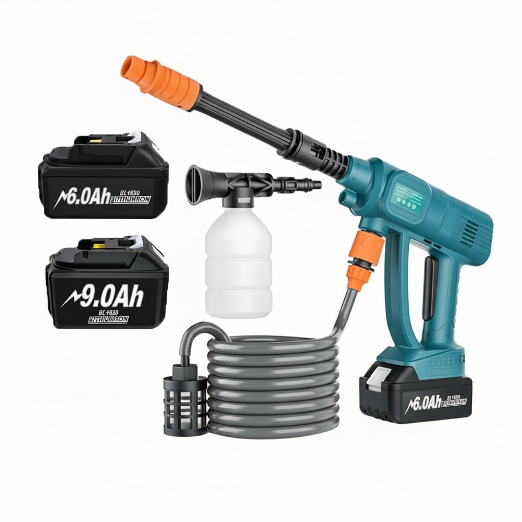 Cordless high pressure car washer gun for Makita 18V batteries, a powerful electric water spray gun for home and garden cleaning.