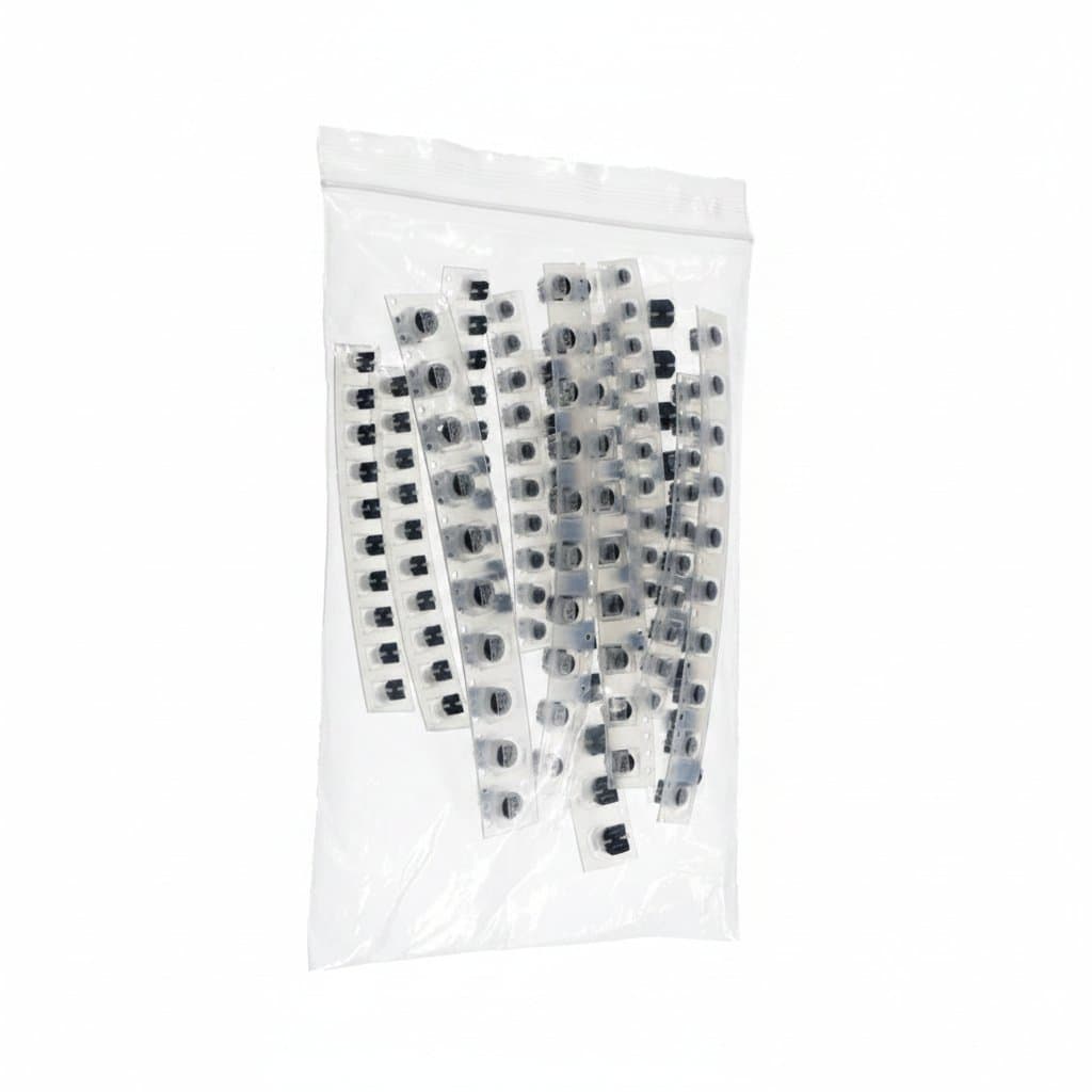 130-piece SMD aluminum electrolytic capacitor kit with 13 values from 1uf to 220uf, organized in a labeled sample pack for electronics projects.