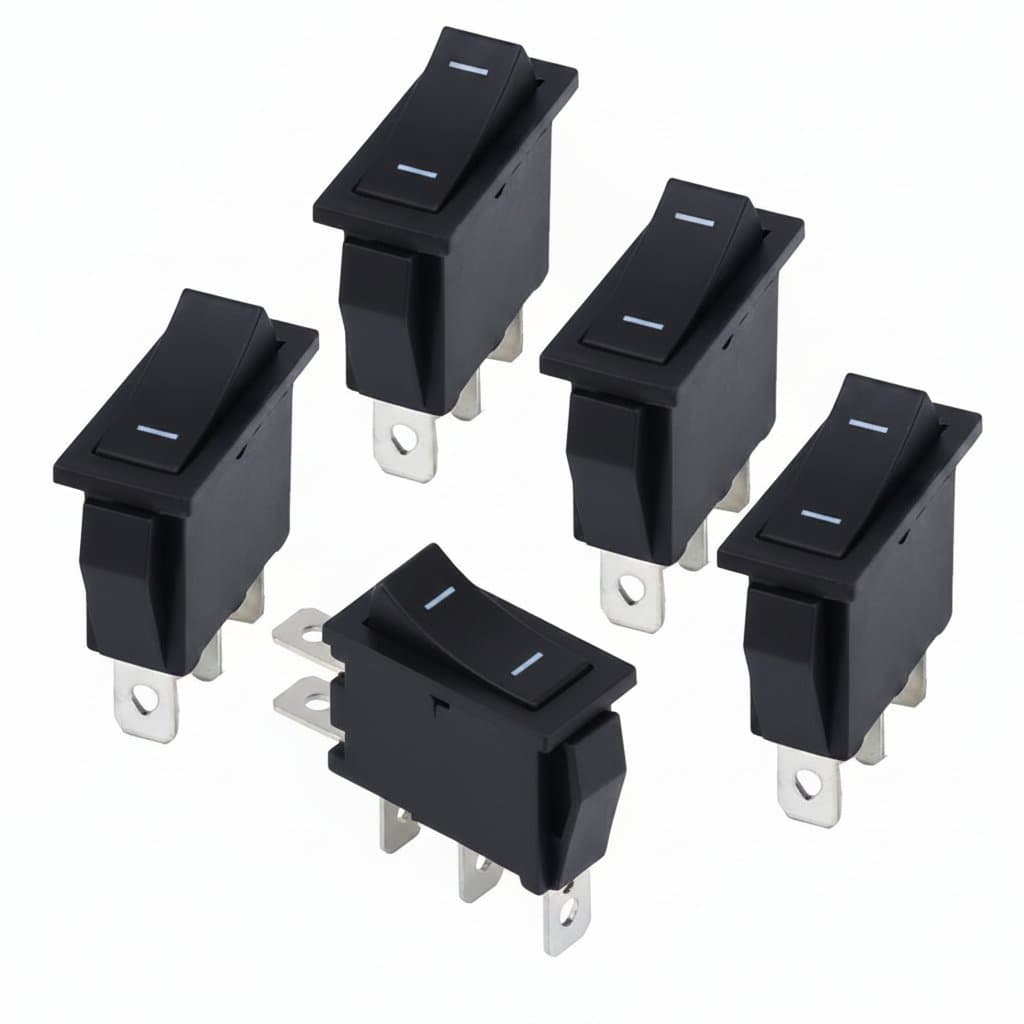 Black KCD3 ON-OFF-ON 3-position rocker switch for boats and machinery, rated 15A 250V AC and 20A 125V.