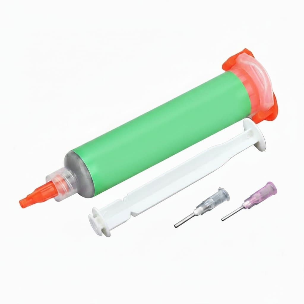 Lead-free solder paste in a needle tube applicator for precise PCB, BGA, and SMD soldering repair work.