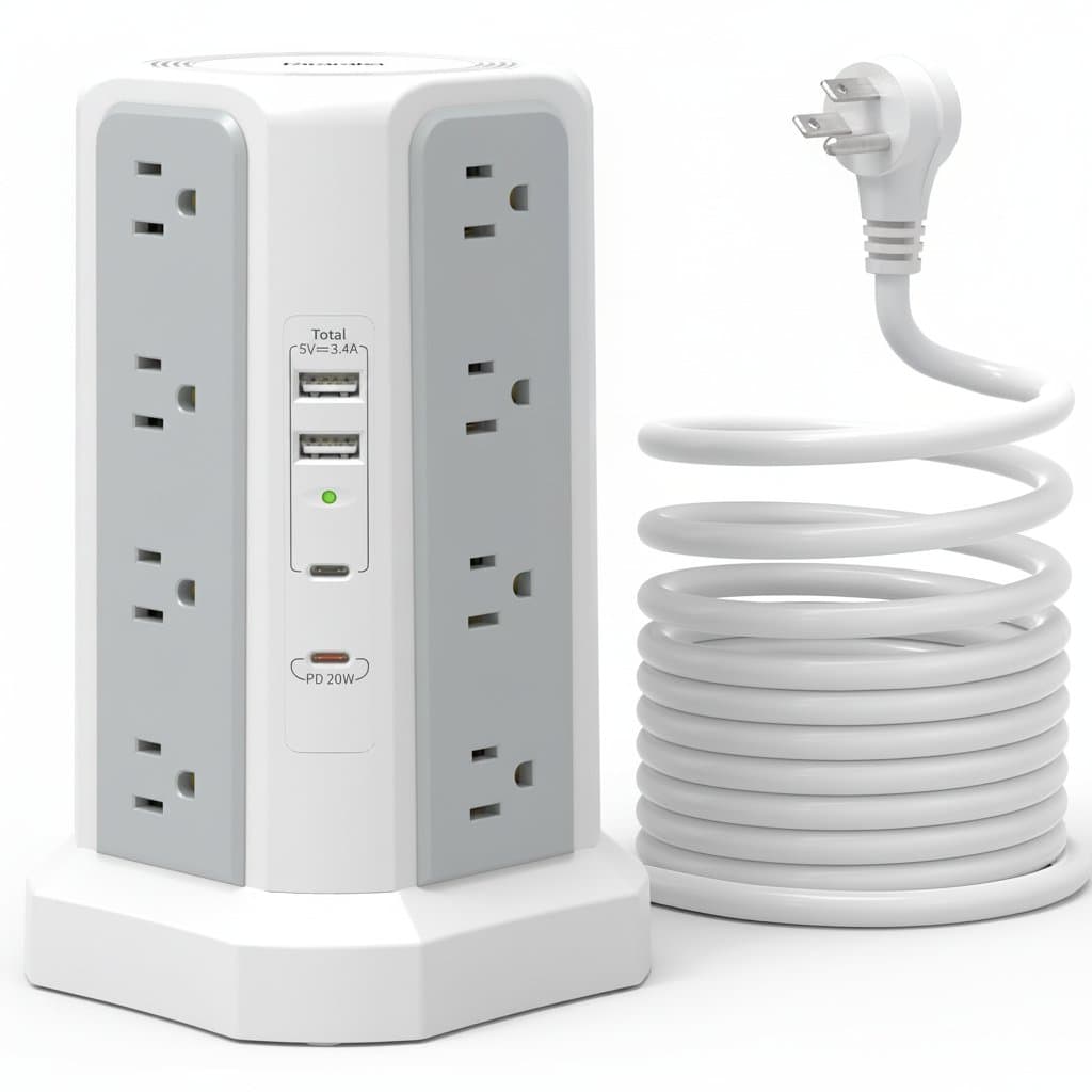 4-Outlet Power Tower with PD Fast Charging | 3m Cable for Home & Office
