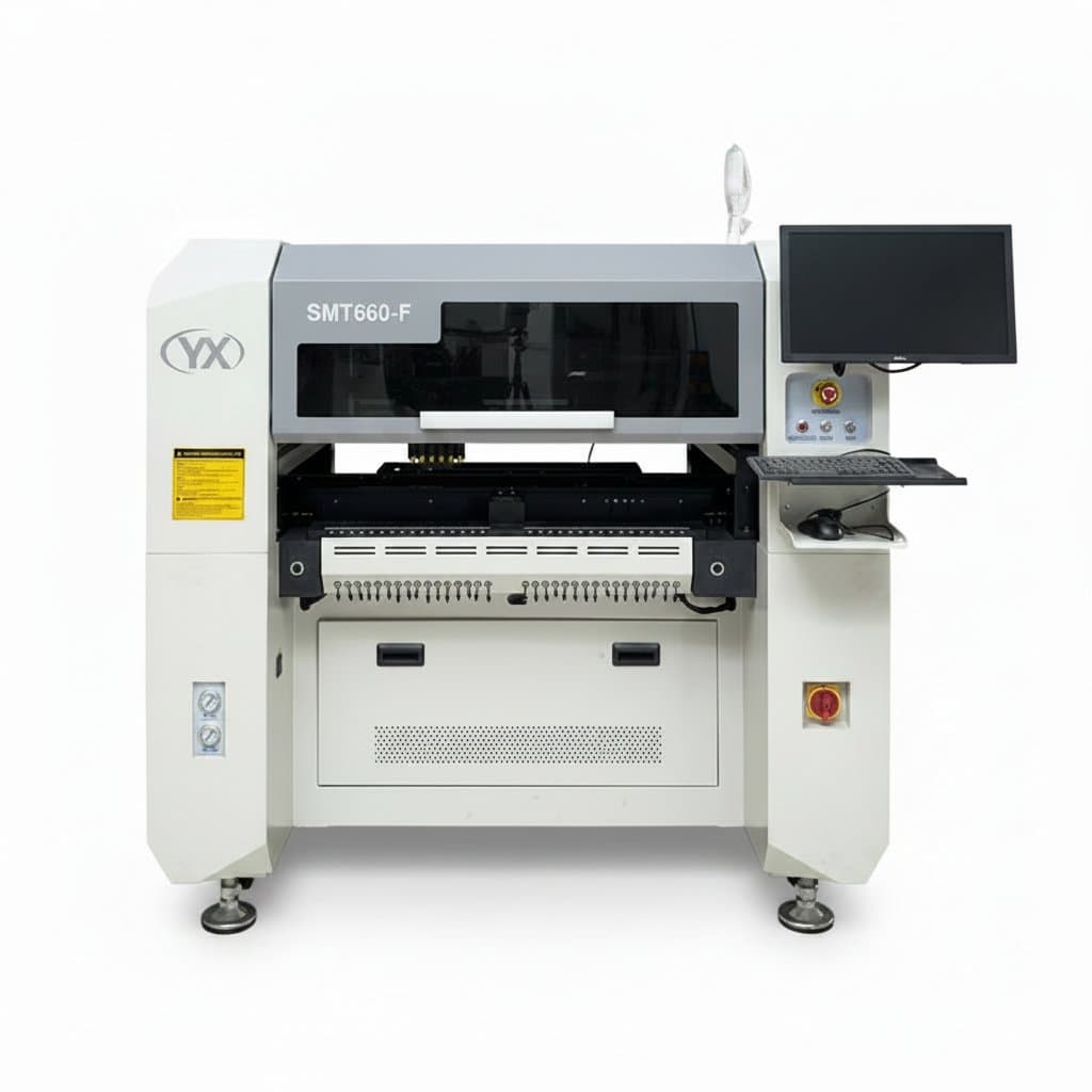 SMT660-F desktop pick and place machine with six heads and imported ball screws, capacity 21,000 components per hour.