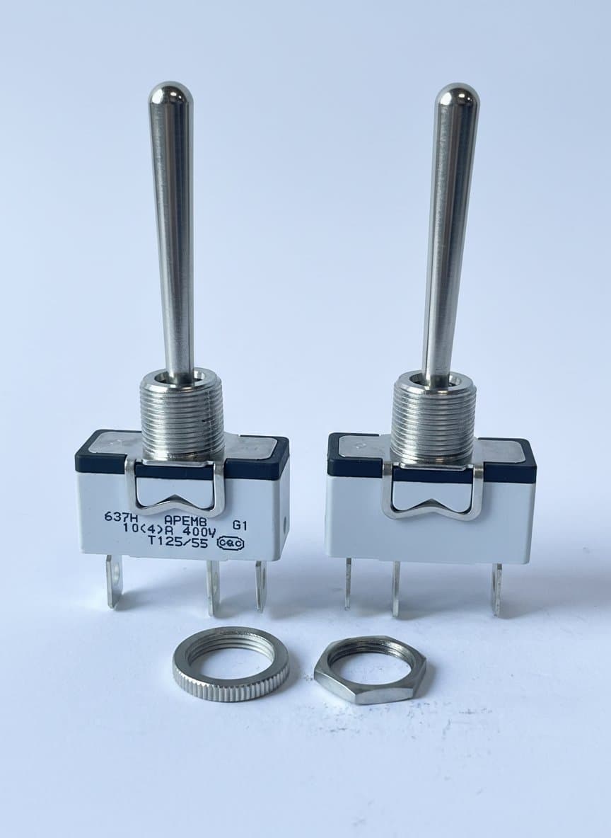 APEM 637H-5 three-position bilateral reset rocker switch with extended black actuator, shown on a white background.