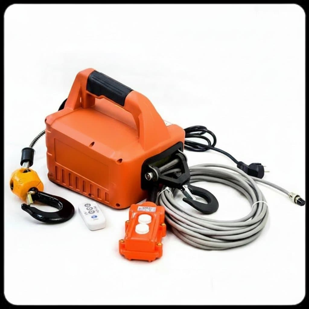 Portable Electric Winch Hoist with 500KG load capacity, featuring manual, remote, and wire control options for 110V or 220V power.