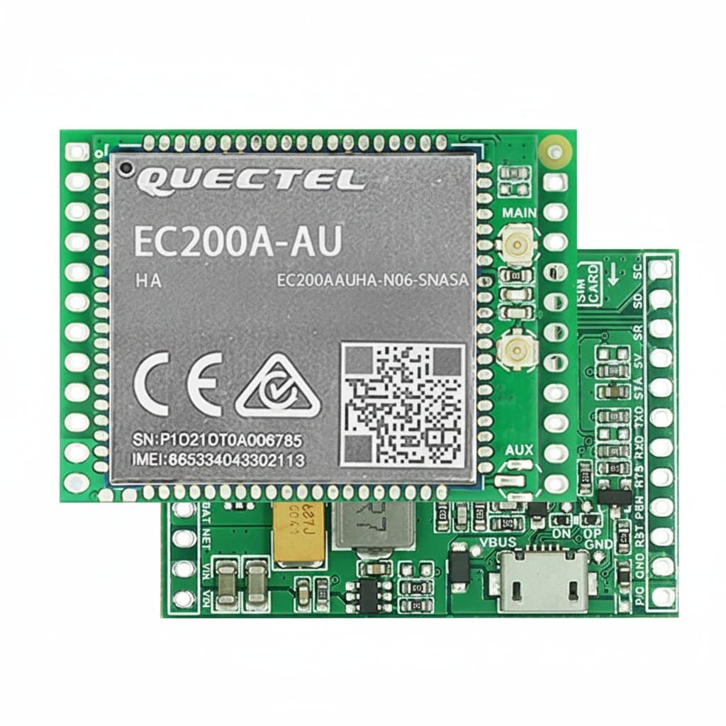 Quectel EC200A LTE CAT4 GNSS module development kit with breakout board, antennas, and EC200AAUHA-N06-SNASA module for IoT projects.