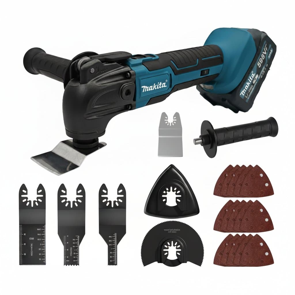 Makita brushless oscillating multi-tool with quick-release system, shown with compatible battery and accessory blades for versatile cutting and sanding.