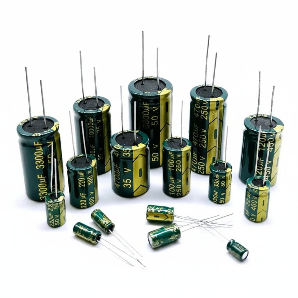Assorted electrolytic capacitors with voltage ratings from 10V to 450V and capacitance from 0.1uF to 22000uF for electronic projects.