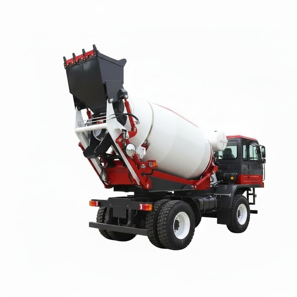 Self-loading concrete mixer truck with diesel engine, featuring a rotating drum and hydraulic pump for efficient on-site mixing and pouring.