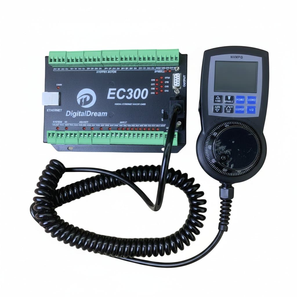 Digital Dream EC300 5/6 Axis CNC breakout board with NVMPG handwheel display for Mach3 control systems on a router.