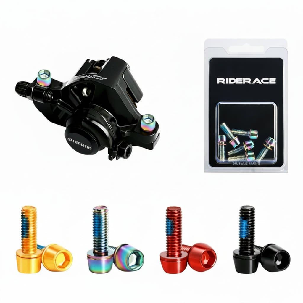 Set of 6 titanium-plated, colorful M6 x 18mm bolts for mounting disc brake calipers on mountain bikes and MTBs. Includes clamp fixing screws.