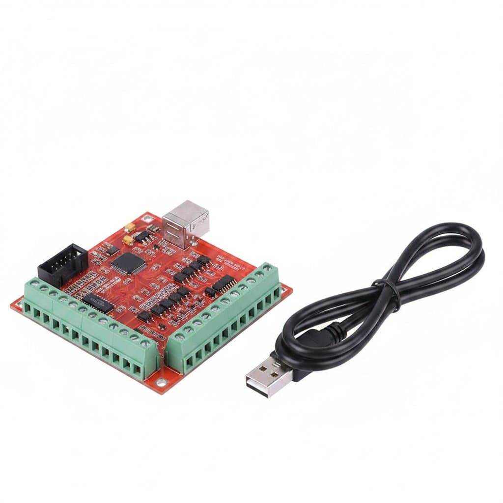 MACH3 100Khz USB Motion Controller Card for CNC engraving machines, controlling stepper motor drivers on a workbench.