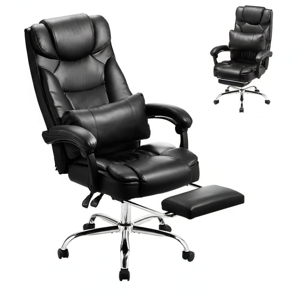 Executive office chair with PU leather upholstery, reclining function, adjustable height, and ergonomic design for home or office use.