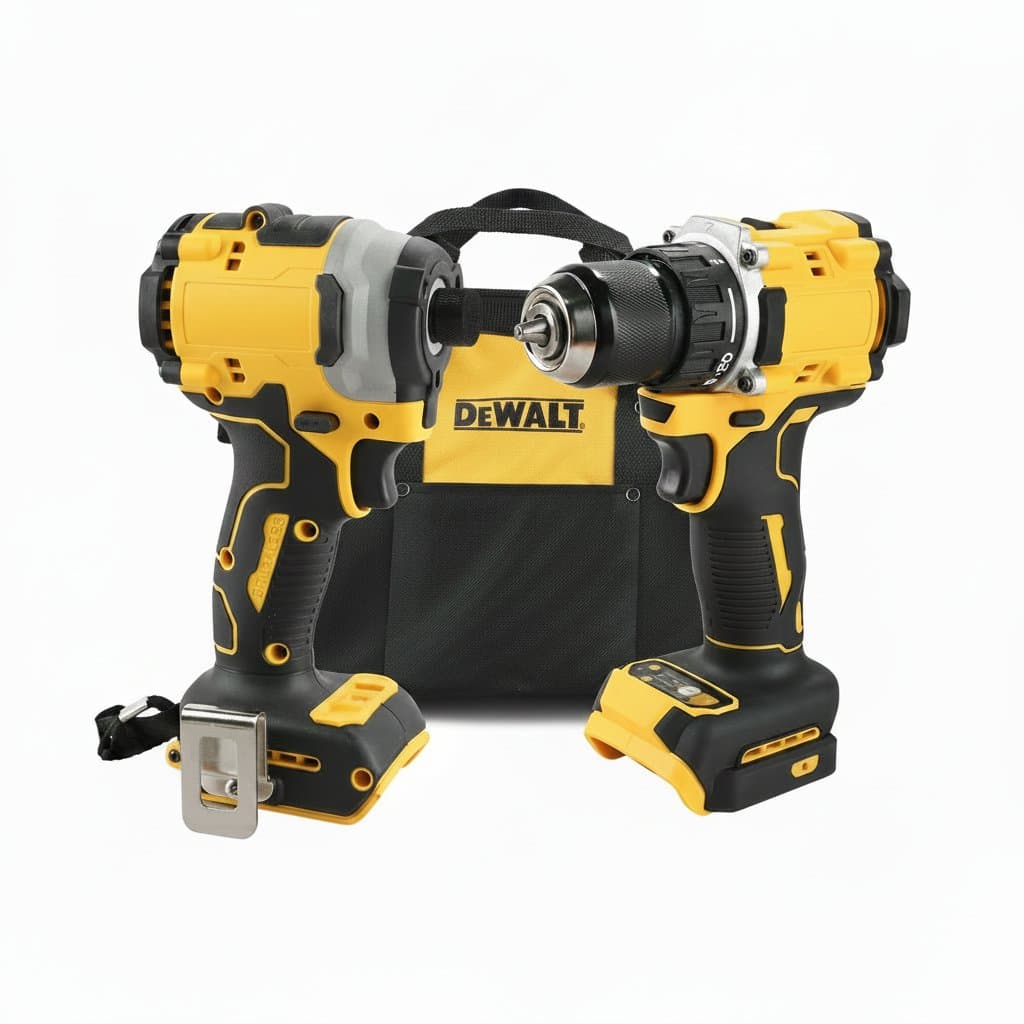 DeWalt DCD805 and DCF850 brushless cordless drill and impact driver combo kit with two lithium-ion batteries and charger in a durable carrying bag.