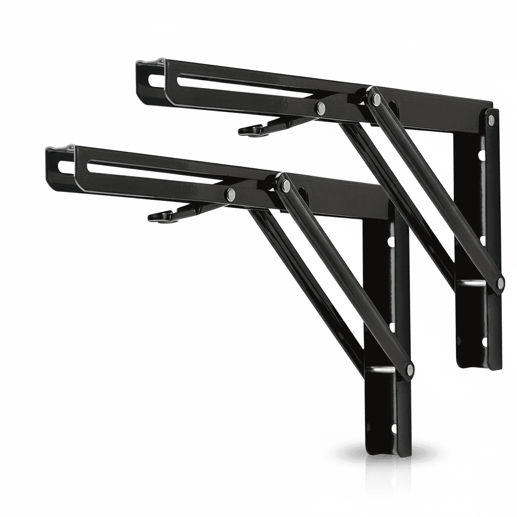 Folding Angle Brackets: main product shot with two inset images and a red arrow.