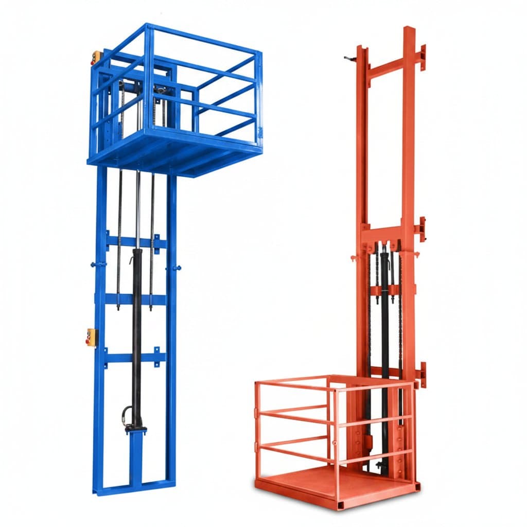 Heavy-duty 80x100cm hydraulic freight elevator platform for warehouses, available in 2m to 8m lift heights with electric power.