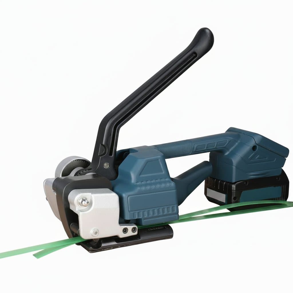 Semi-automatic strapping machine for PP and PET belts, a portable hot melt baler tool for industrial packing and wrapping.