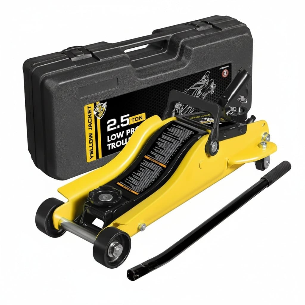 2.5 ton low profile trolley jack with carrying case, featuring a single piston hydraulic pump and 5500 lb lifting capacity for cars and trucks.