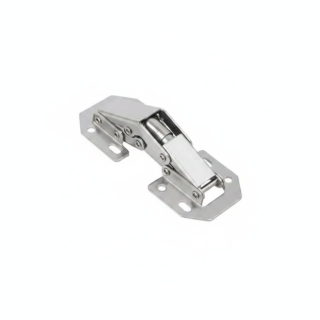 Two stainless steel cabinet hinges with 90-degree opening, no-drilling installation, and integrated door buffer mechanism for smooth closing.